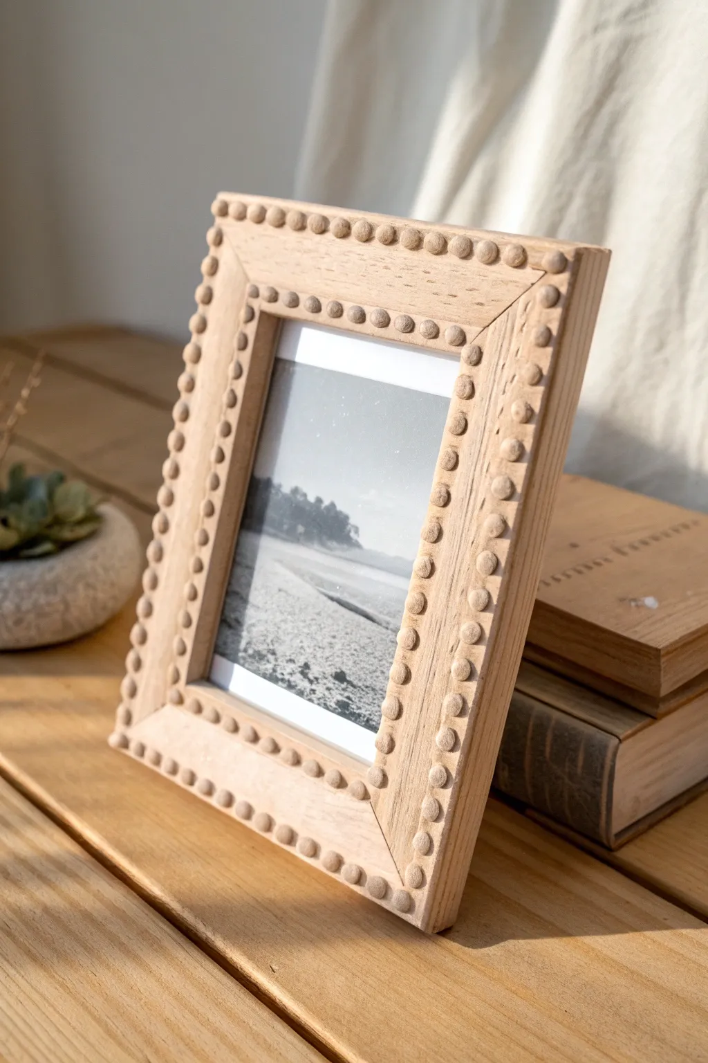 Boho air-dry clay scallop trim turns a simple frame into a warm, minimalist statement piece.