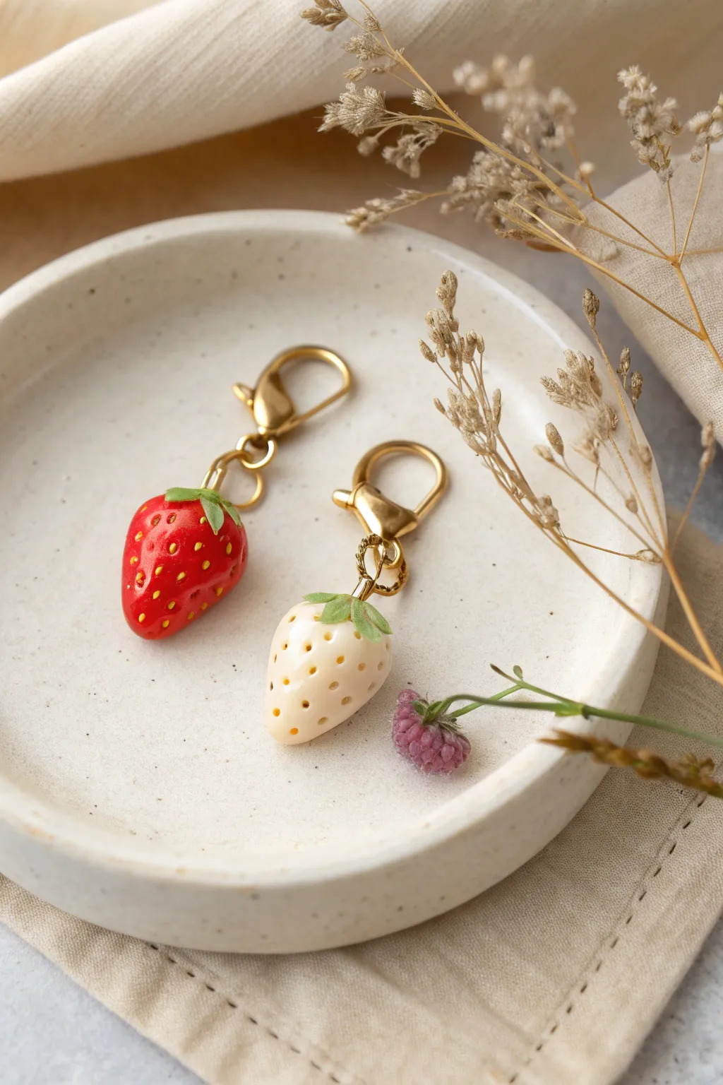 Sweet strawberry and cream charm duo for a cozy air dry clay date night, simple and cute.
