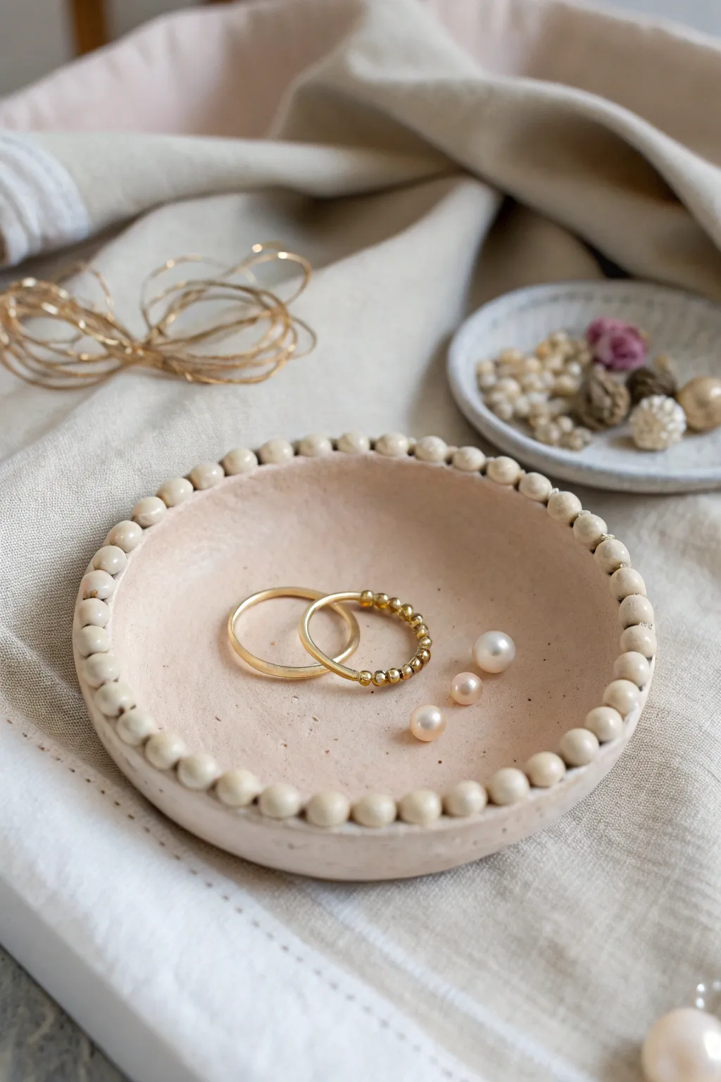 Easy air dry clay beaded trinket dish in soft neutrals, styled with delicate jewelry.