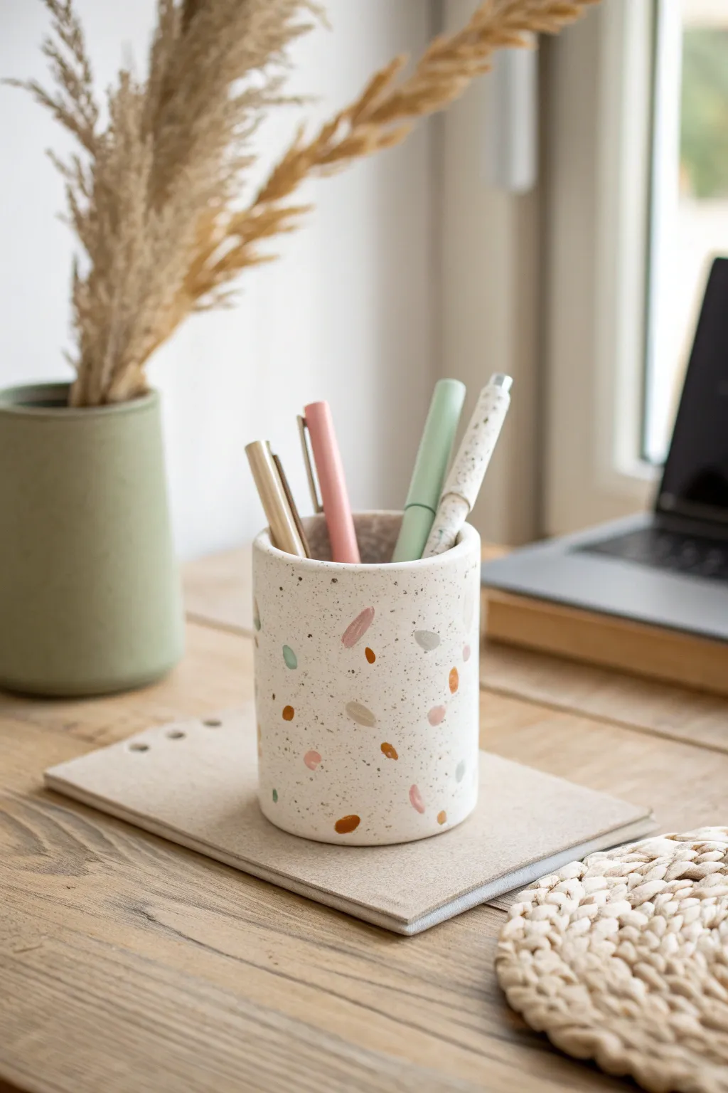 Terrazzo air dry clay pen cup in soft pastels, a chic handmade birthday gift for her