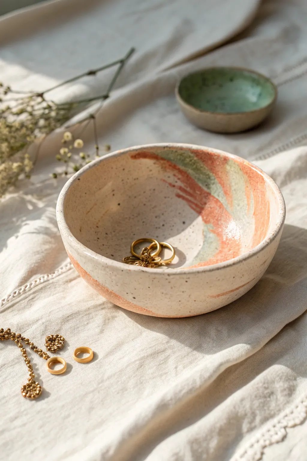 Matte air dry clay bowl with a brushy color-wash interior and a few tiny charms in daylight