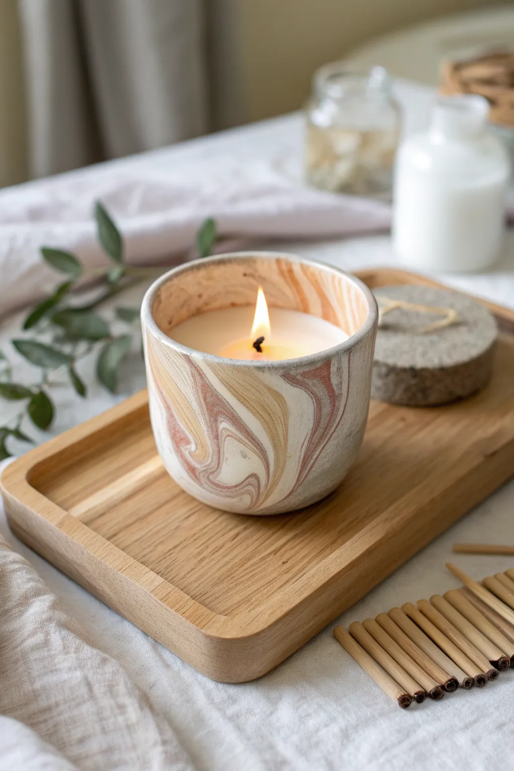 Soft neutral marbled tea light cup made from air dry clay, perfect minimalist boho décor.