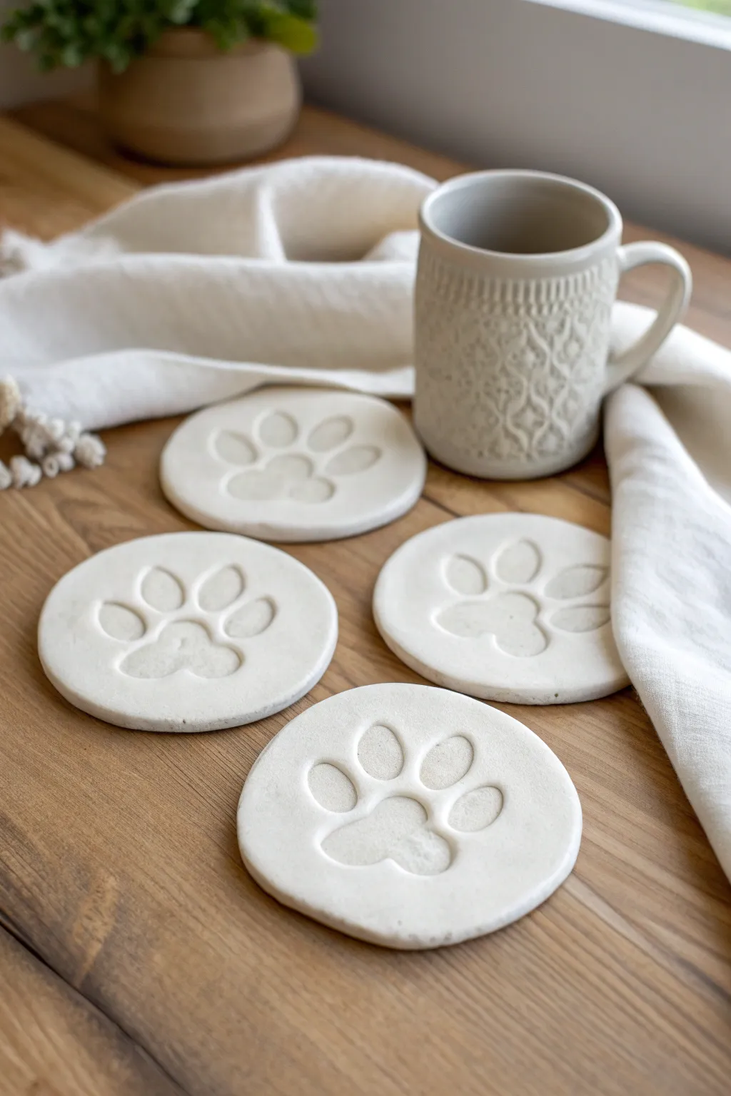 Soft air dry clay cat paw coasters in a calm Scandinavian table scene, handmade and minimal.