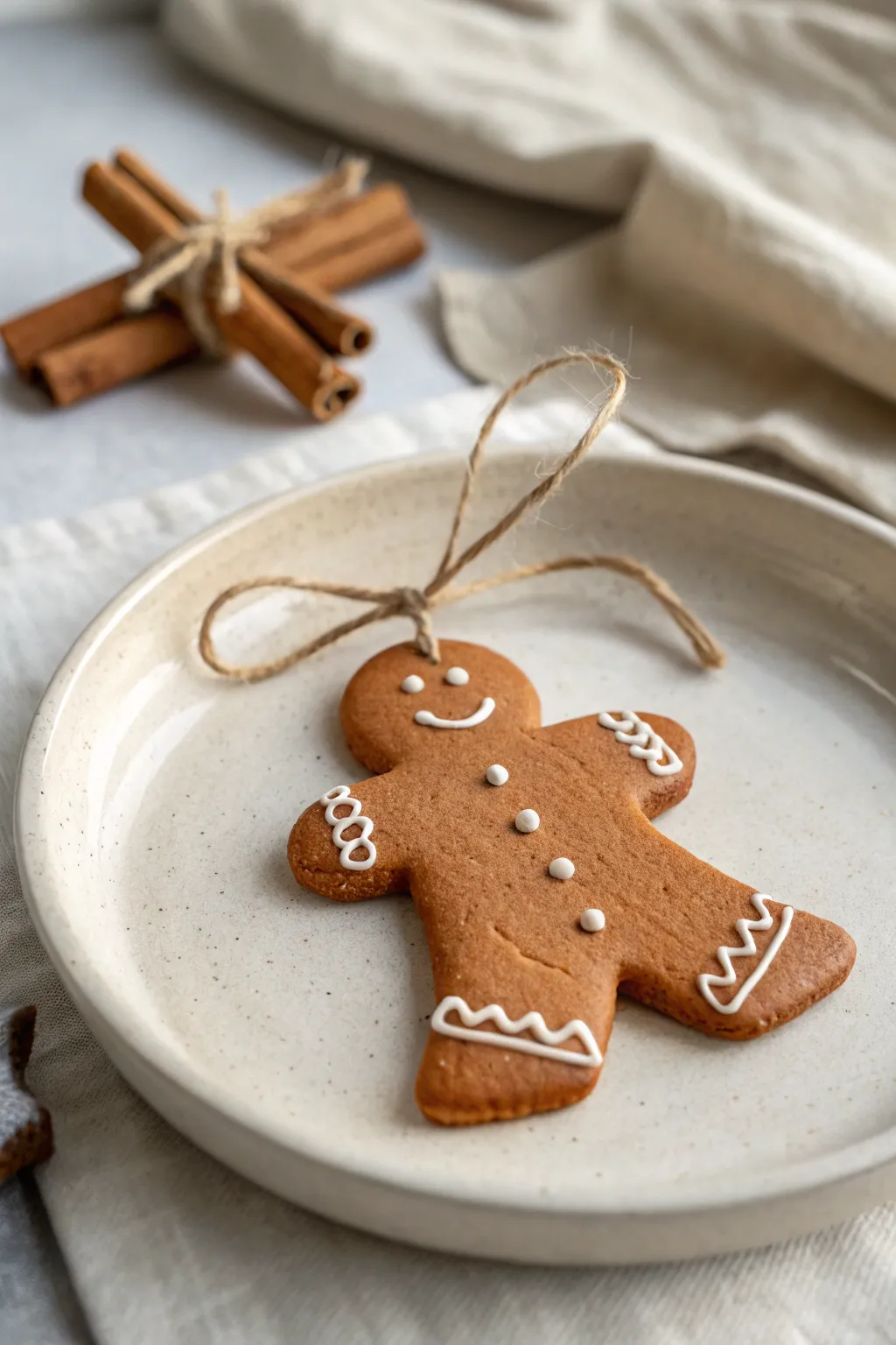 Gingerbread-style air dry clay ornament with white icing details, cozy and minimalist.