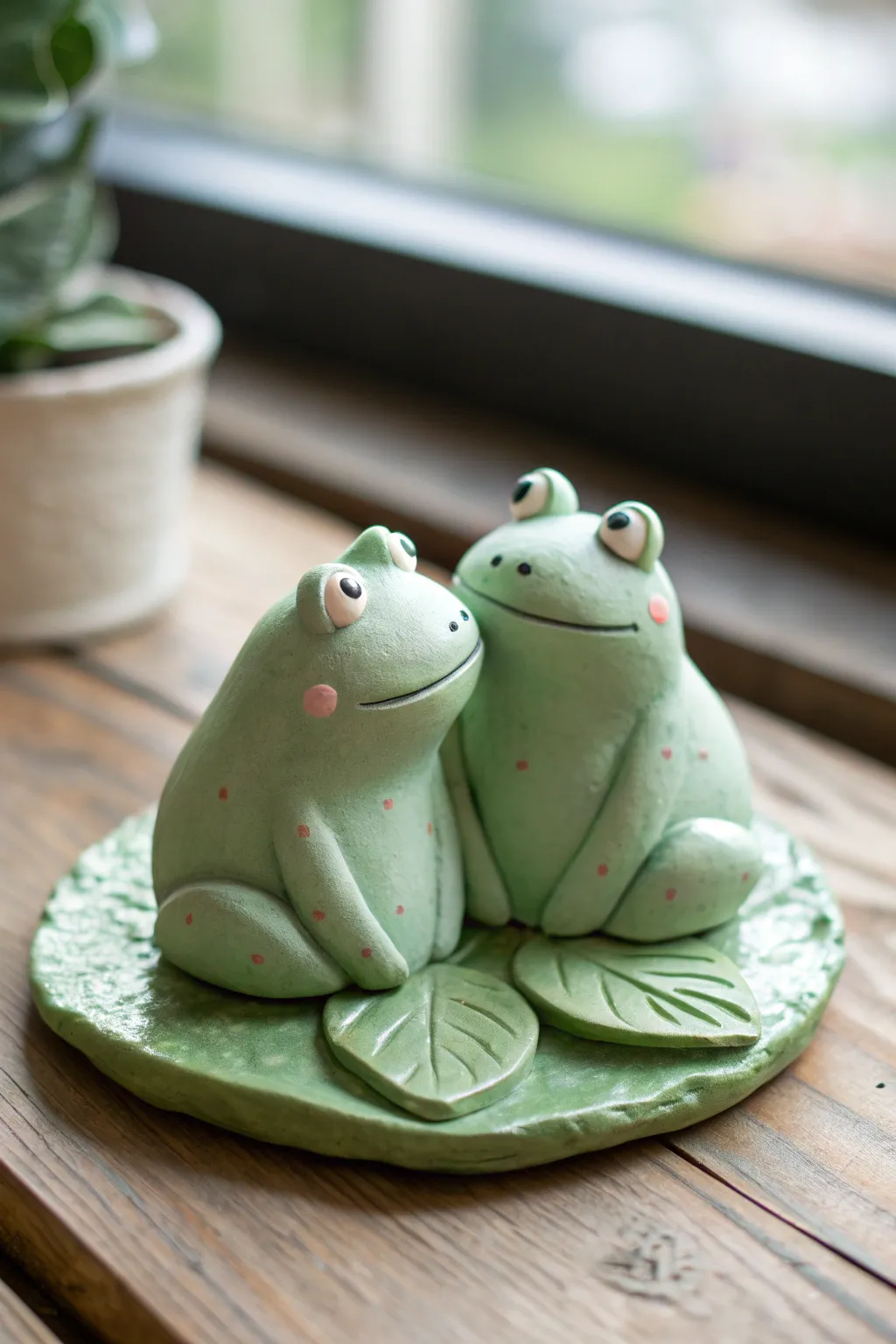 Sweet air dry clay frog couple on a lily pad, simple beginner project with cozy charm