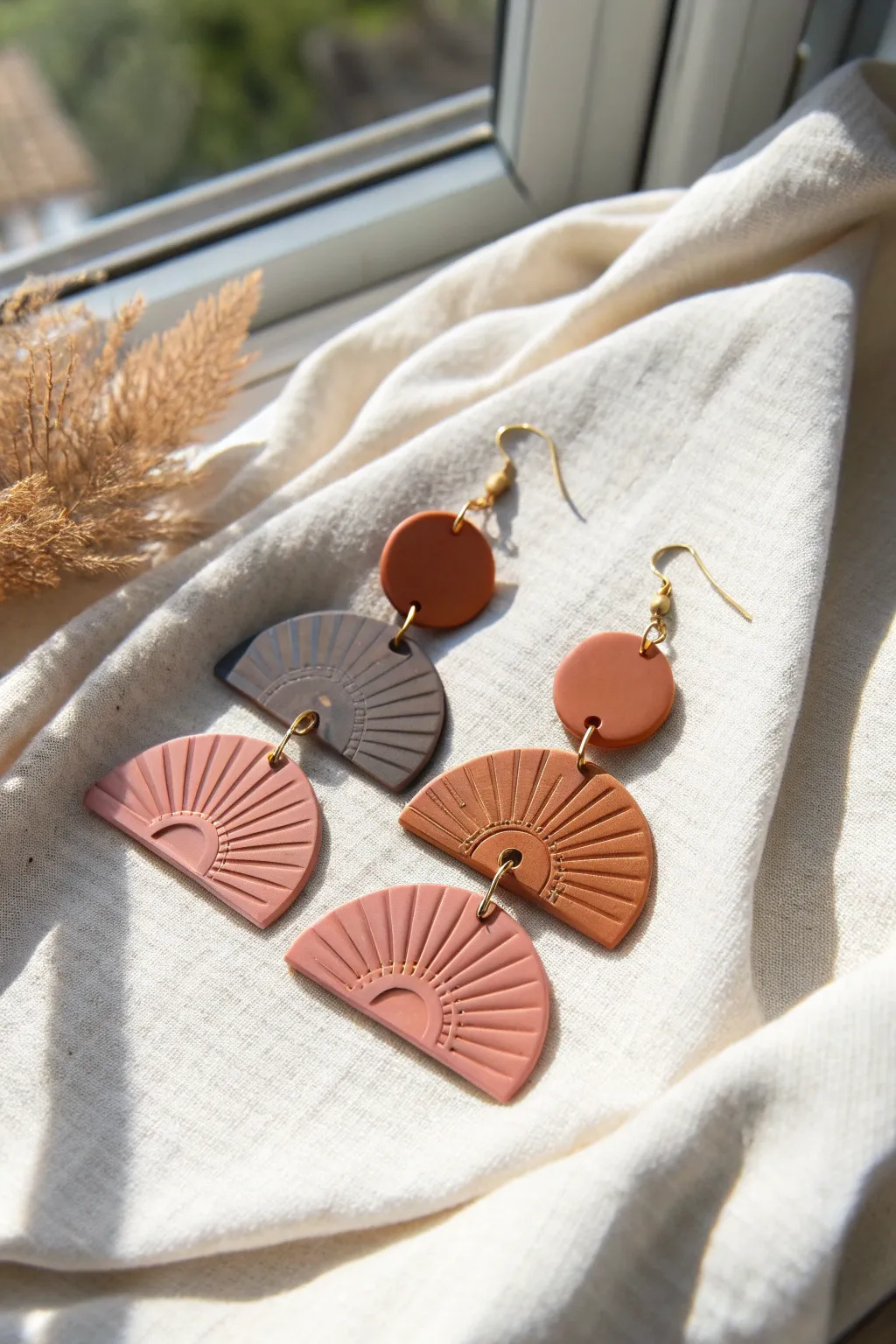 Bold air dry clay statement earrings in modern color blocks, styled on linen for a chic finish