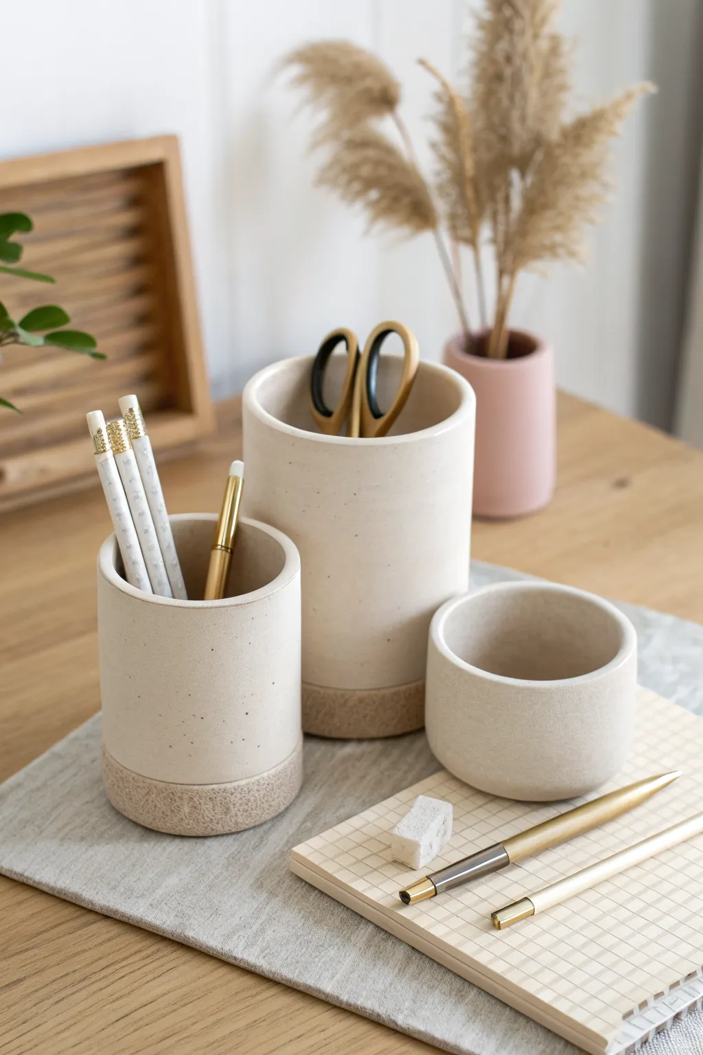 Minimal air-dry clay nesting desk cups for a calm, organized workspace with soft neutral tones