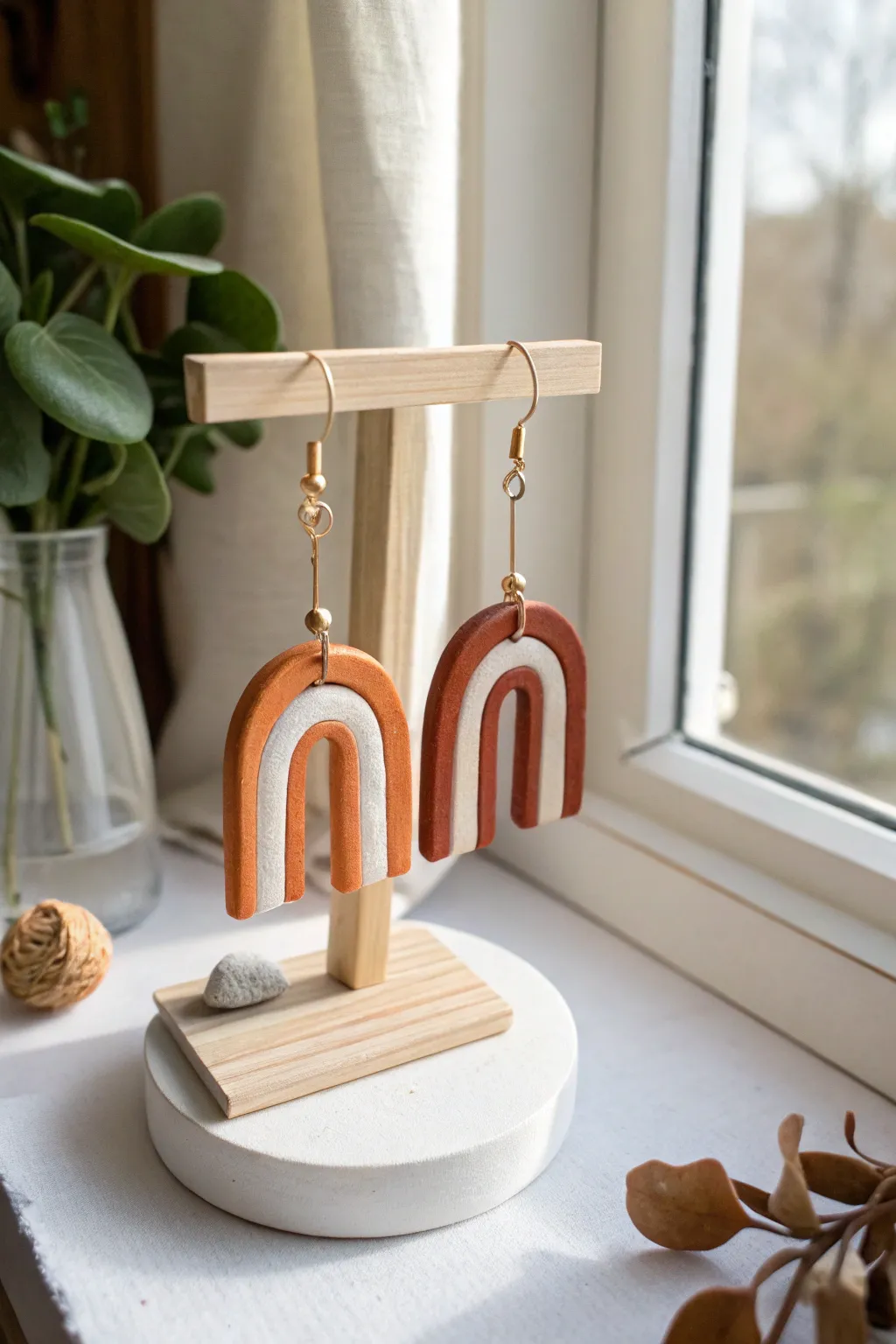 Minimalist air dry clay statement earrings in bold arches, modern boho and handmade charm.