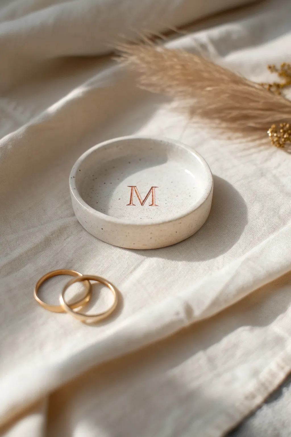 Simple monogram trinket dish in air dry clay, a personalized spot to keep rings and treasures