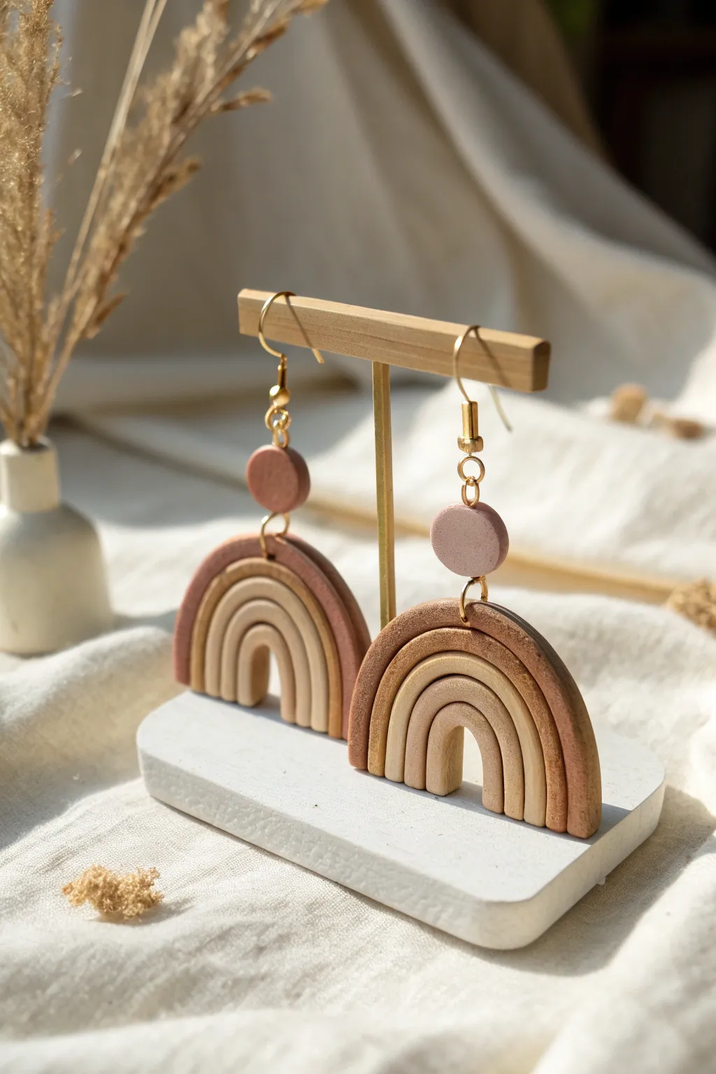 Boho rainbow arch dangles in matte air dry clay, earthy muted tones with a cozy handmade vibe.