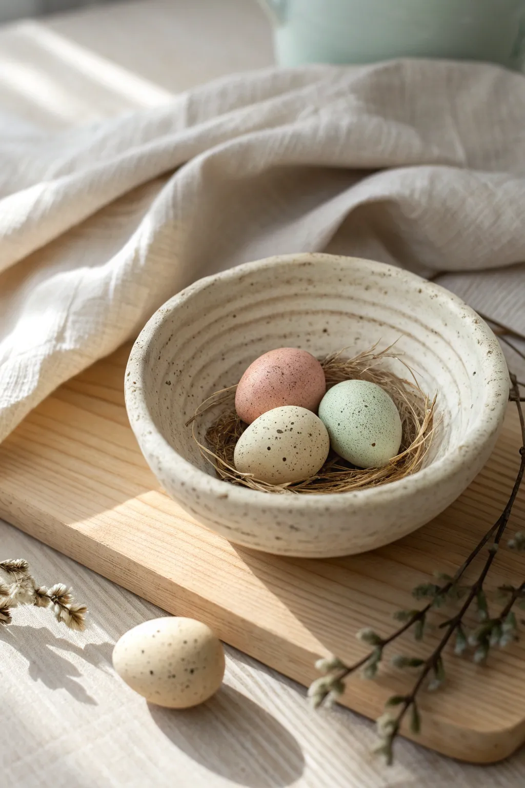 Minimal nest ring dish with tiny clay eggs, softly lit for a calm Scandinavian Easter vibe