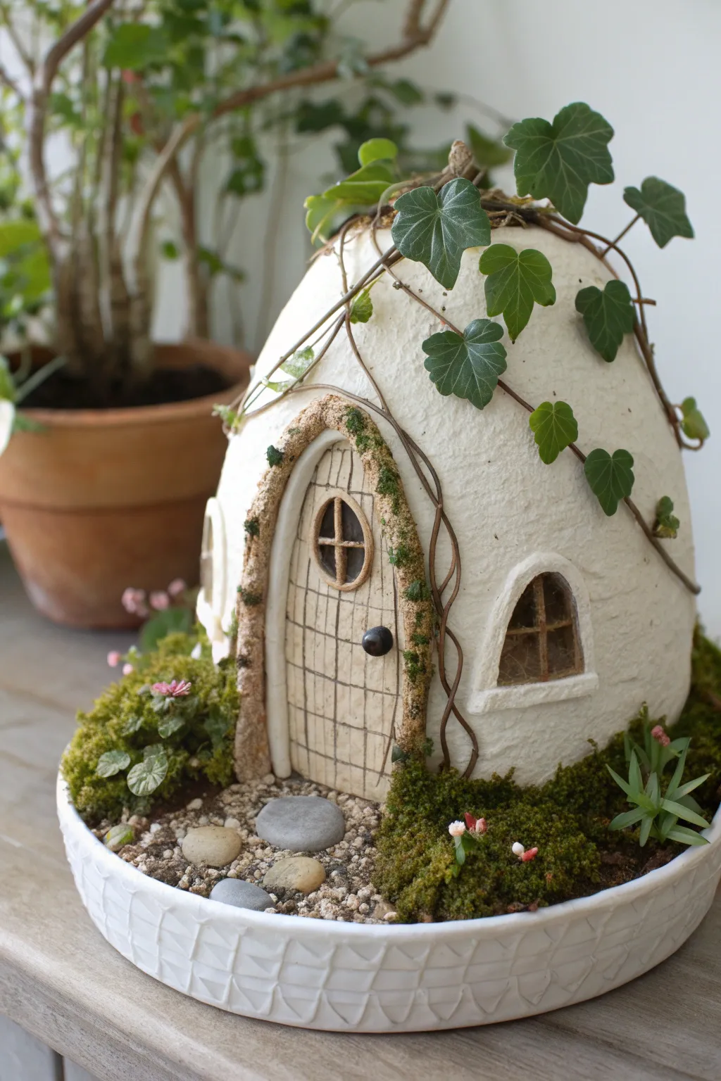 Vine-covered air dry clay fairy house nestled in a minimalist planter, soft boho garden charm.