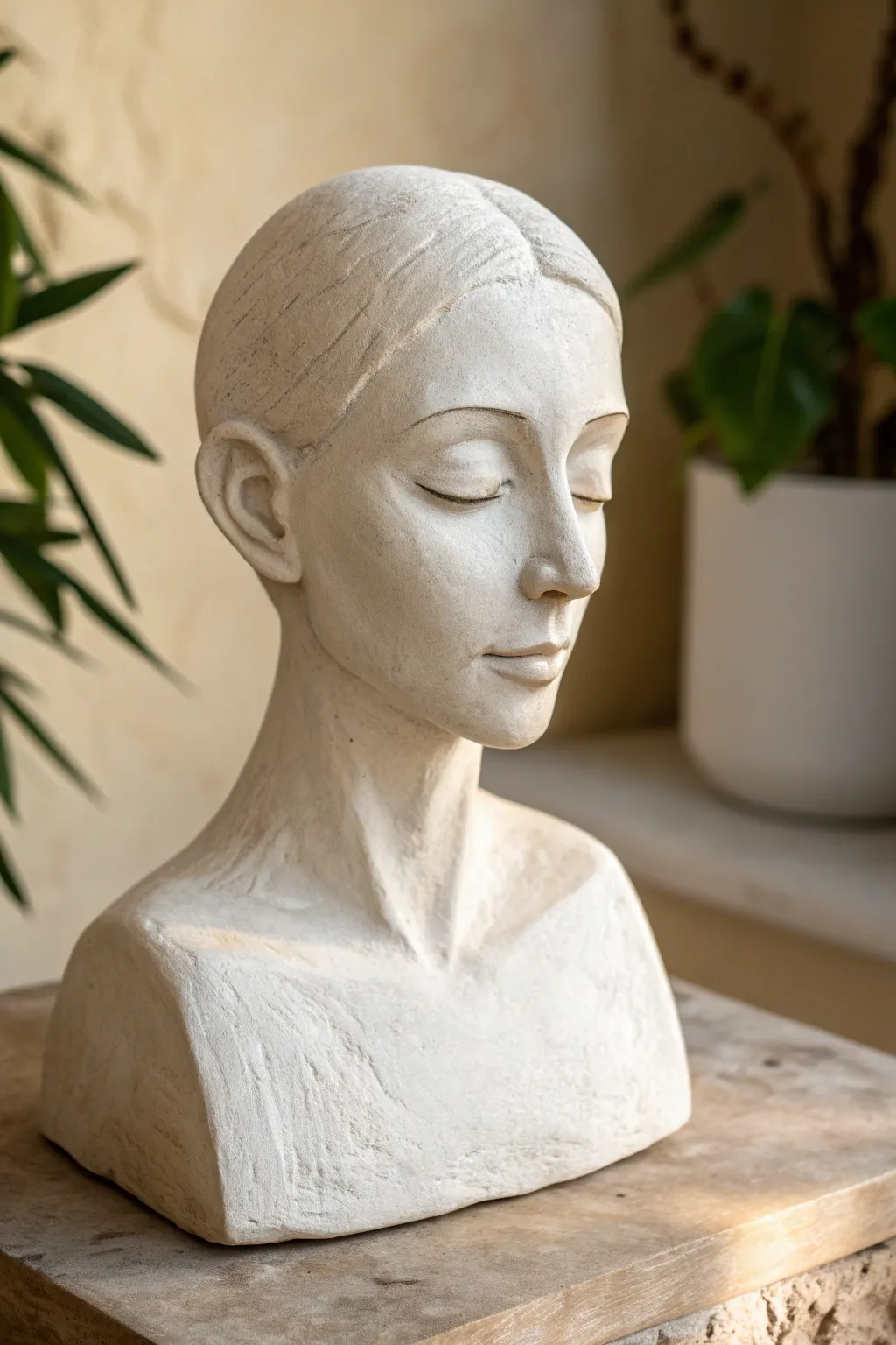 Make a simple air-dry clay face bust: smooth matte finish, minimal features, calming decor