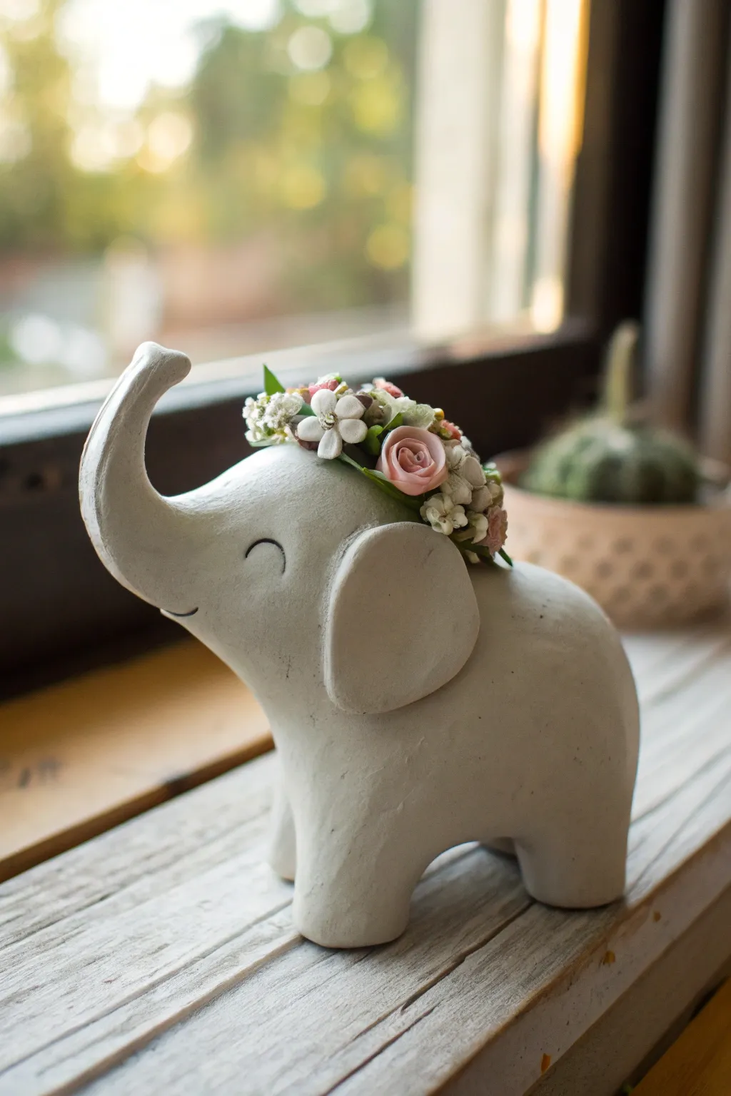 Sweet air dry clay elephant with a tiny pastel flower crown, minimalist and softly boho.