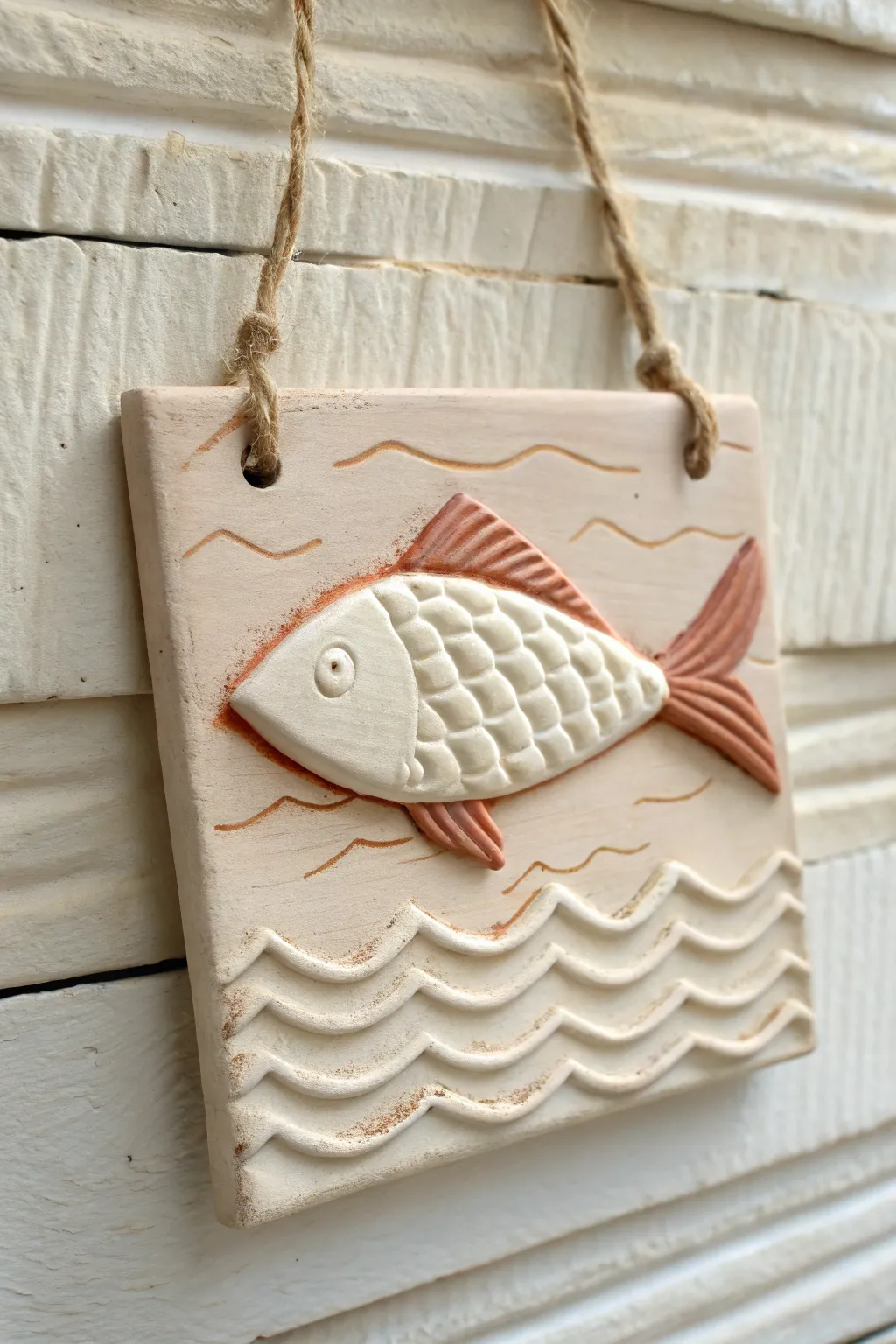Minimal layered clay fish plaque with ripple texture, simple two-tone paint, modern boho charm.