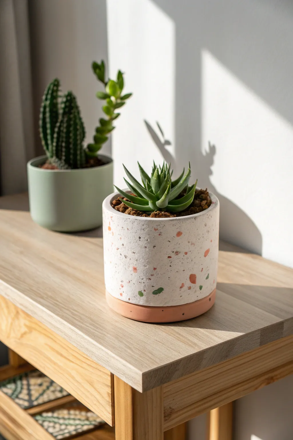 Minimal terrazzo-look air-dry clay planter with a tidy succulent, soft Scandinavian boho vibes