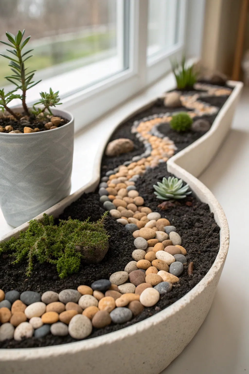 Mini air dry clay pebbles form a charming winding path for a planter garden vignette.