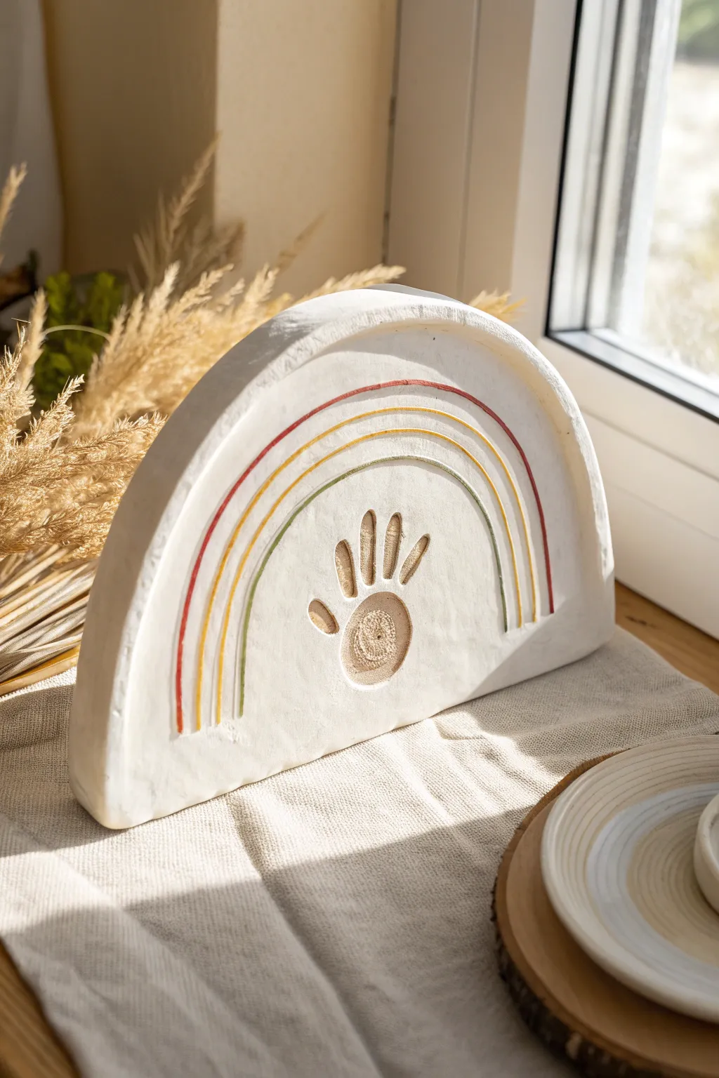 Minimal rainbow handprint arch plaque in air dry clay, a sweet keepsake with modern boho calm