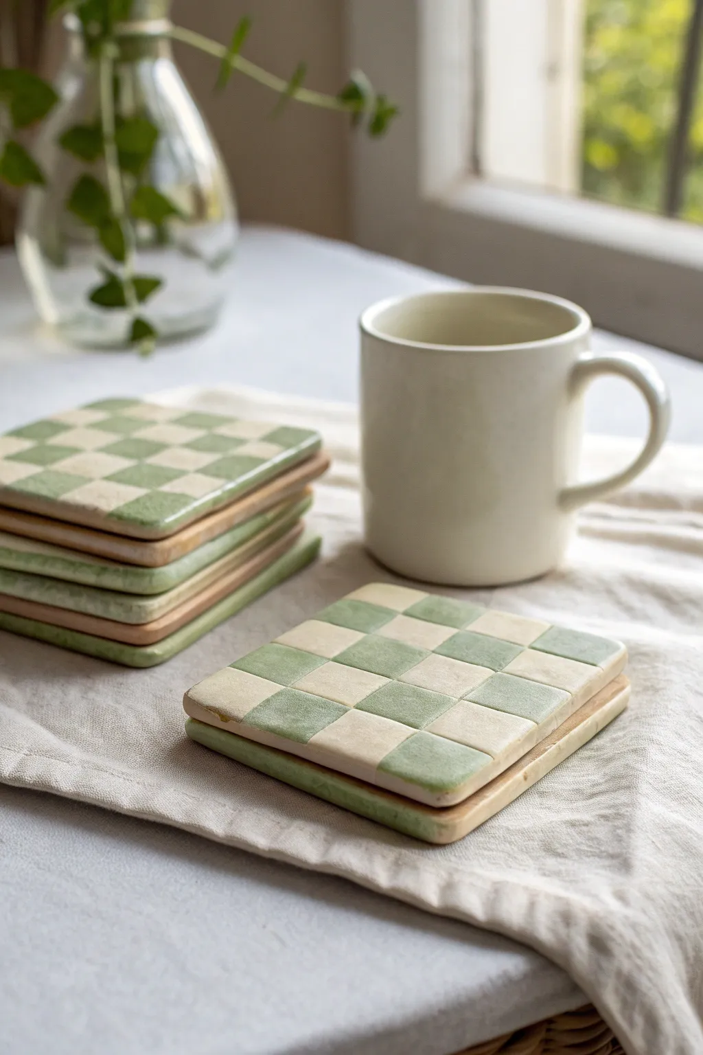 Muted cream and sage checkerboard coasters in air dry clay, styled for calm minimalist spaces.
