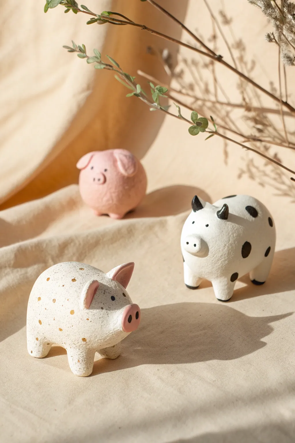 Minimal farm animal clay trio: pig, cow, and sheep in soft Scandinavian boho style