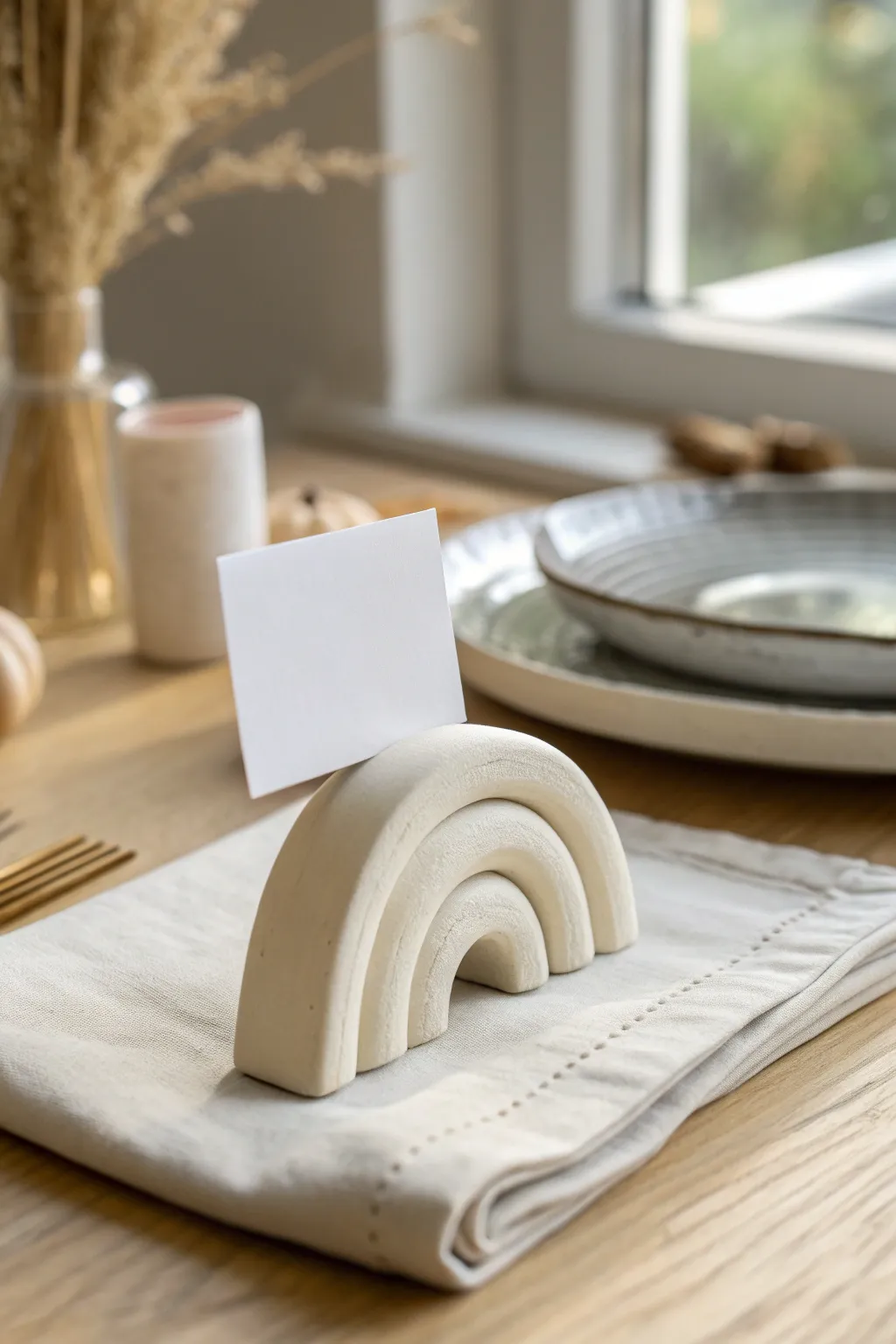Minimal air-dry clay place card holder for a cozy table, simple arch shape, boho-neutral styling.