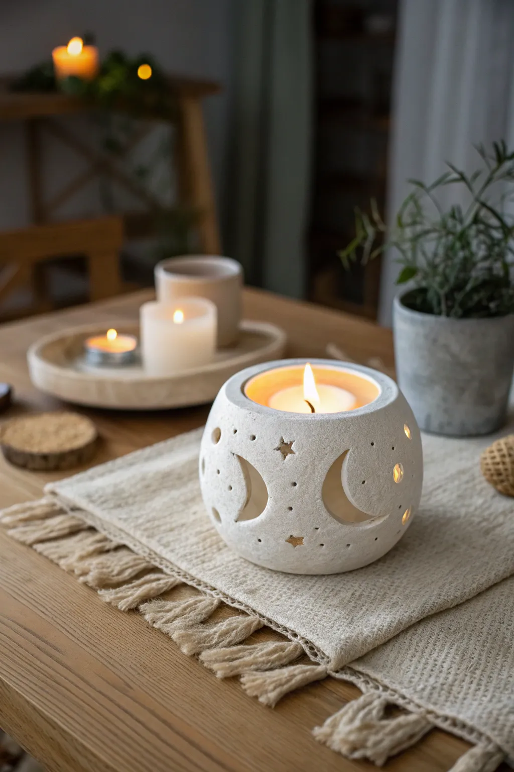 Soft candlelight through simple moon cutouts makes this air-dry clay holder perfect for date night.