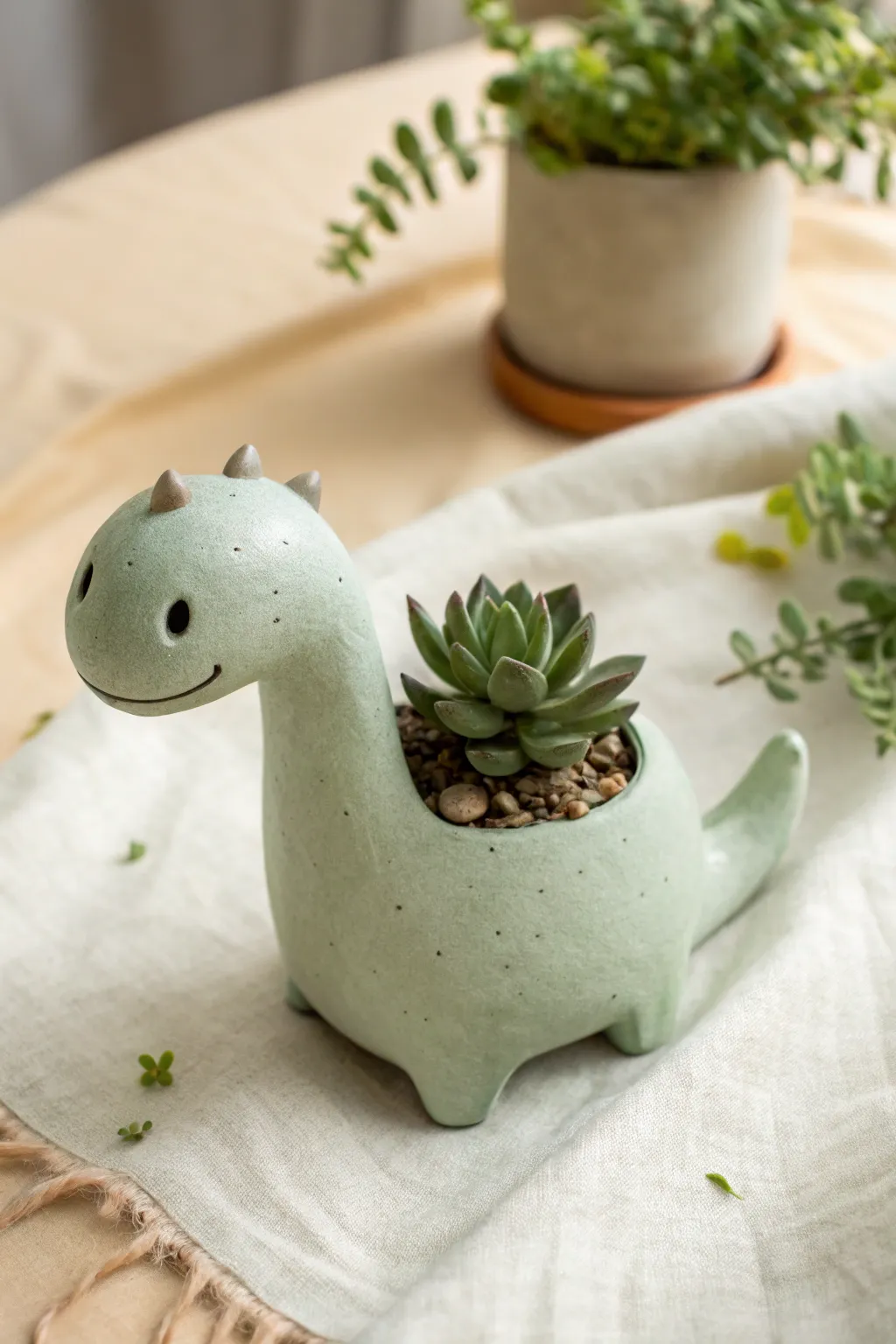 Sweet mini dino planter with a curled tail, matte finish, and tiny succulent for cozy decor.