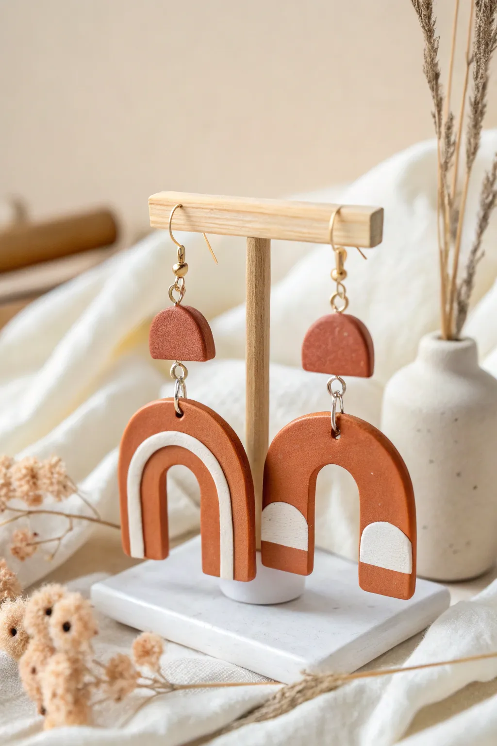 Modern matte air dry clay arches in warm terracotta, styled simply for a clean Scandinavian look
