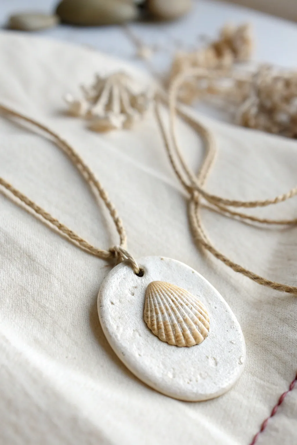 Simple seashell-impressed air dry clay pendant charm with painted edge, perfect for kids