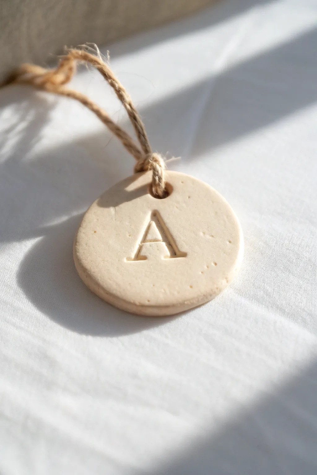 Minimal air dry clay alphabet tag with linen twine, an easy beginner project with a handmade feel.