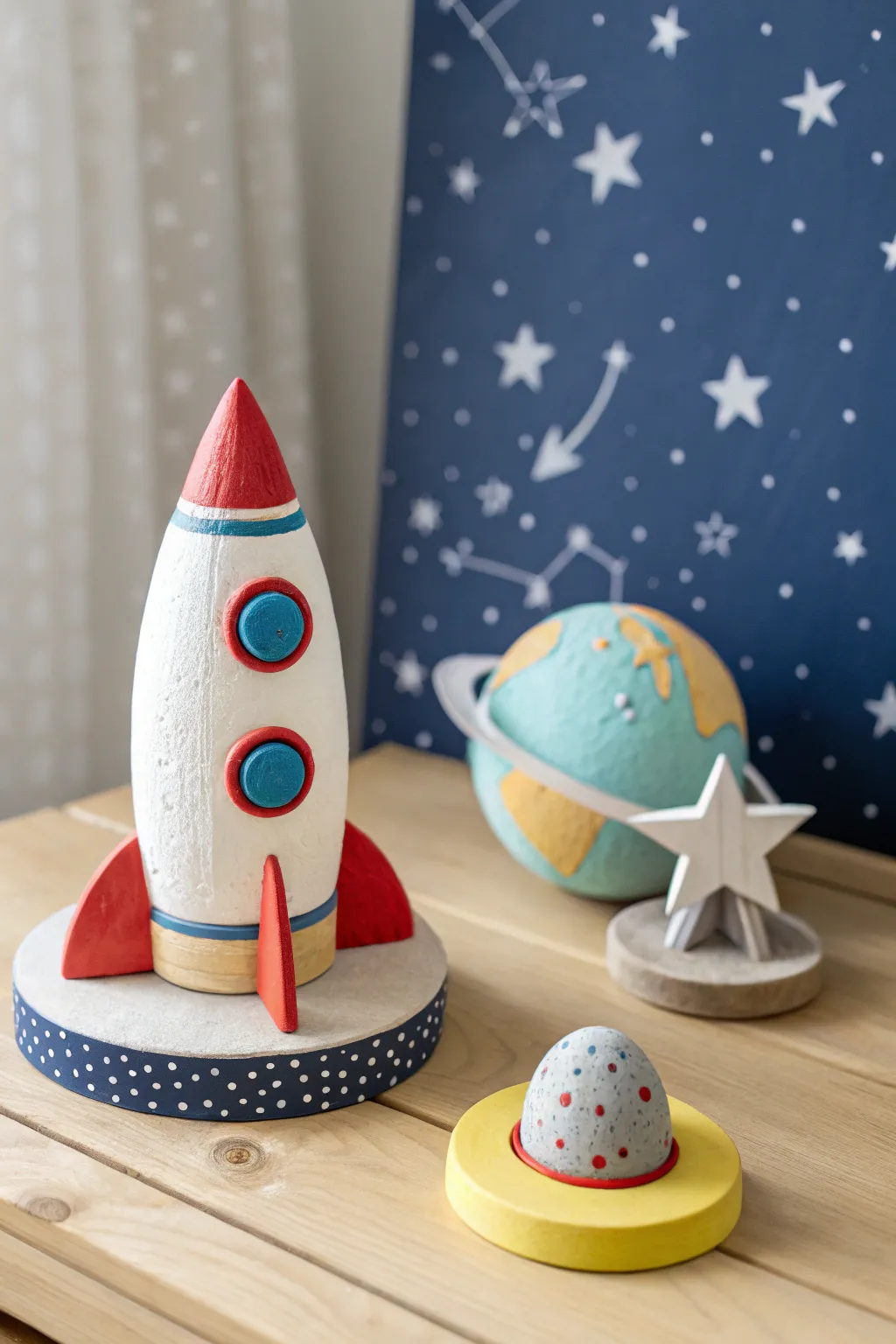 Bright air dry clay rocket and planets decor with a clean minimalist night-sky backdrop