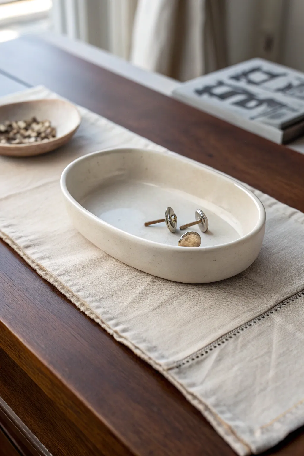 Minimal air dry clay valet dish for Fathers Day, styled for a tie and cuff links gift.