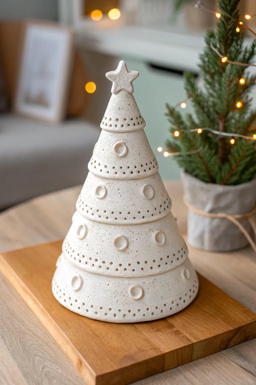 Air dry clay cone tree with dotted ornaments and carved lines, glowing warmly on a side table.
