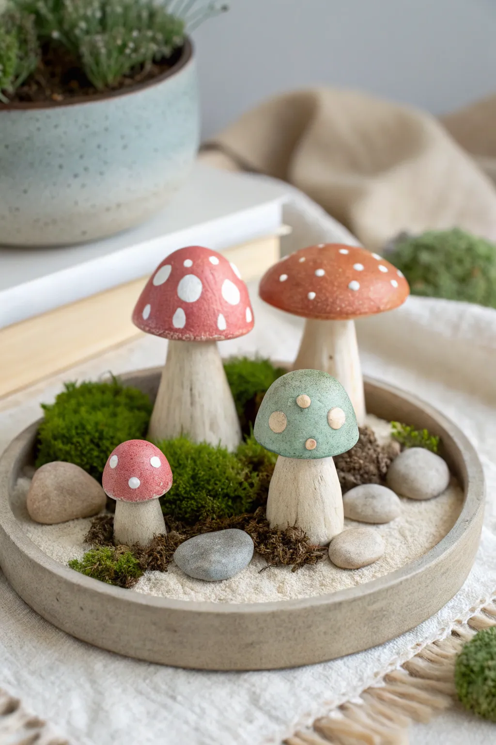 Mini clay mushroom fairy garden set in soft pastels, simple shapes, and cozy natural texture