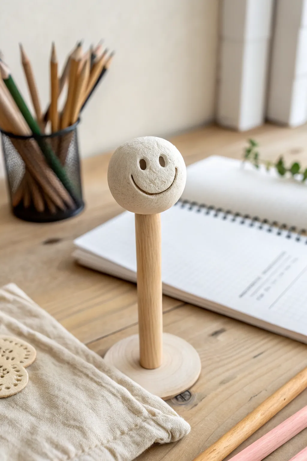 Chunky smiley clay pencil topper idea for kindergarten, simple, sturdy, and adorable.