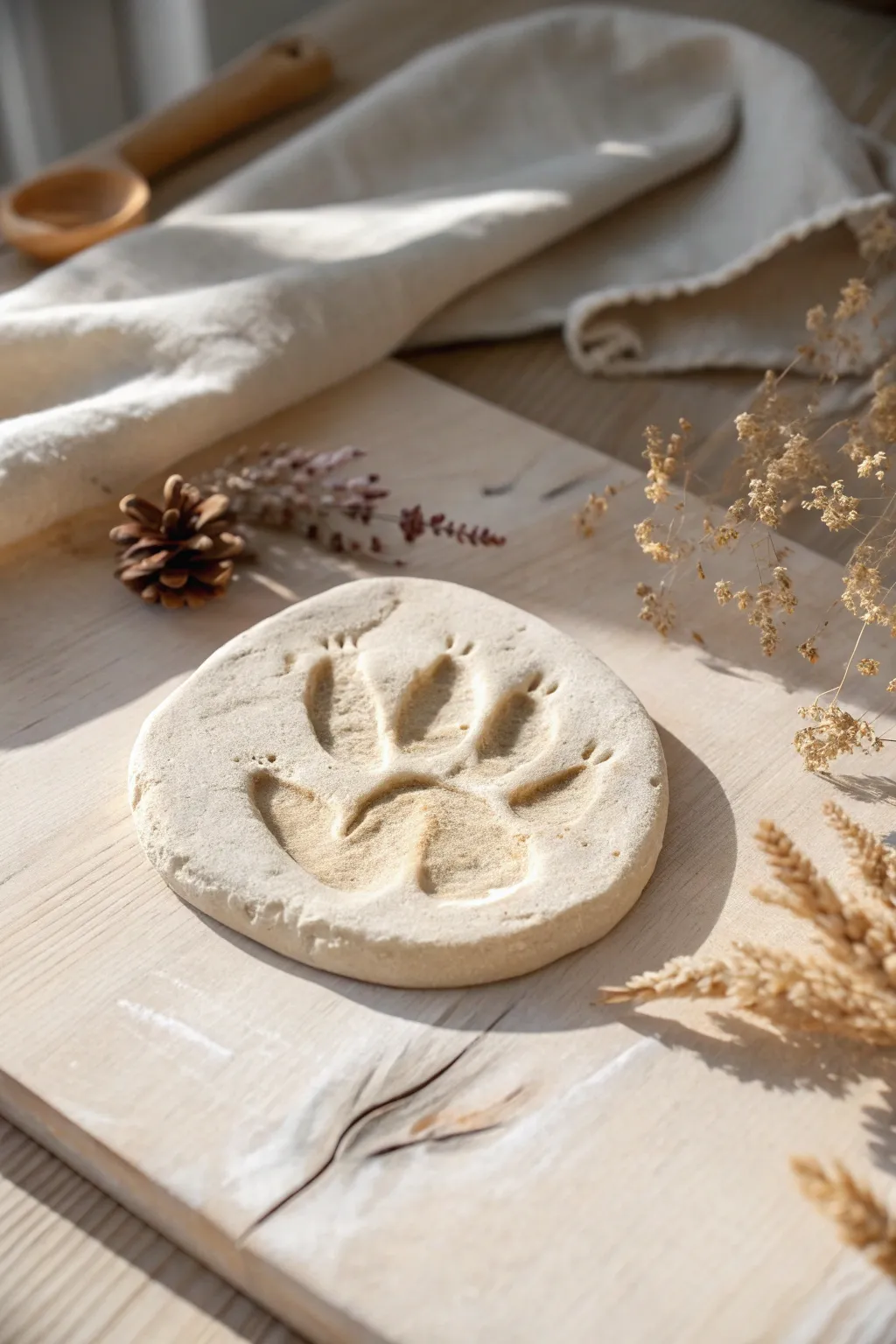 Toddler-safe dino fossil disc in sandy tones, a minimalist keepsake for tiny paleontologists.