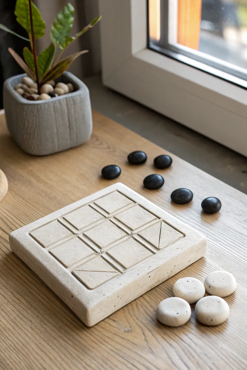 Modern stone-inspired air dry clay tic tac toe set with matte black and white pebble pieces