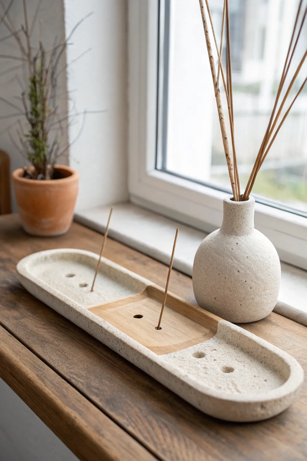Minimal air dry clay incense holders in tray and pebble styles for a calm, modern shelf