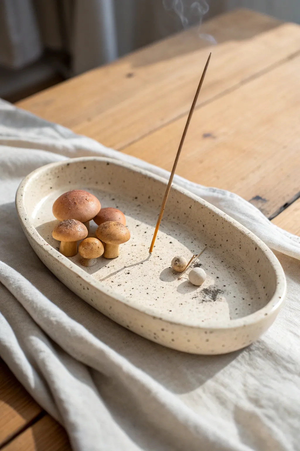 Minimal mushroom garden tray incense holder in air dry clay, calm boho Scandinavian charm