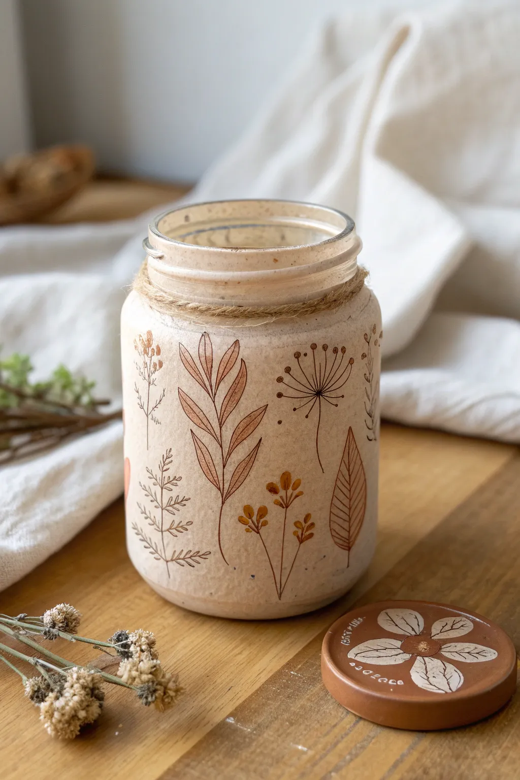Air dry clay jar with pressed leaf impressions in earthy tones, styled with dried botanicals.