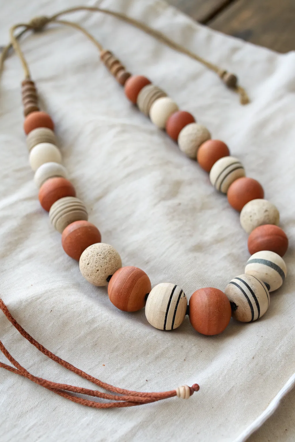 Chunky air-dry clay bead necklace in warm neutrals, styled on linen for minimalist boho vibes.
