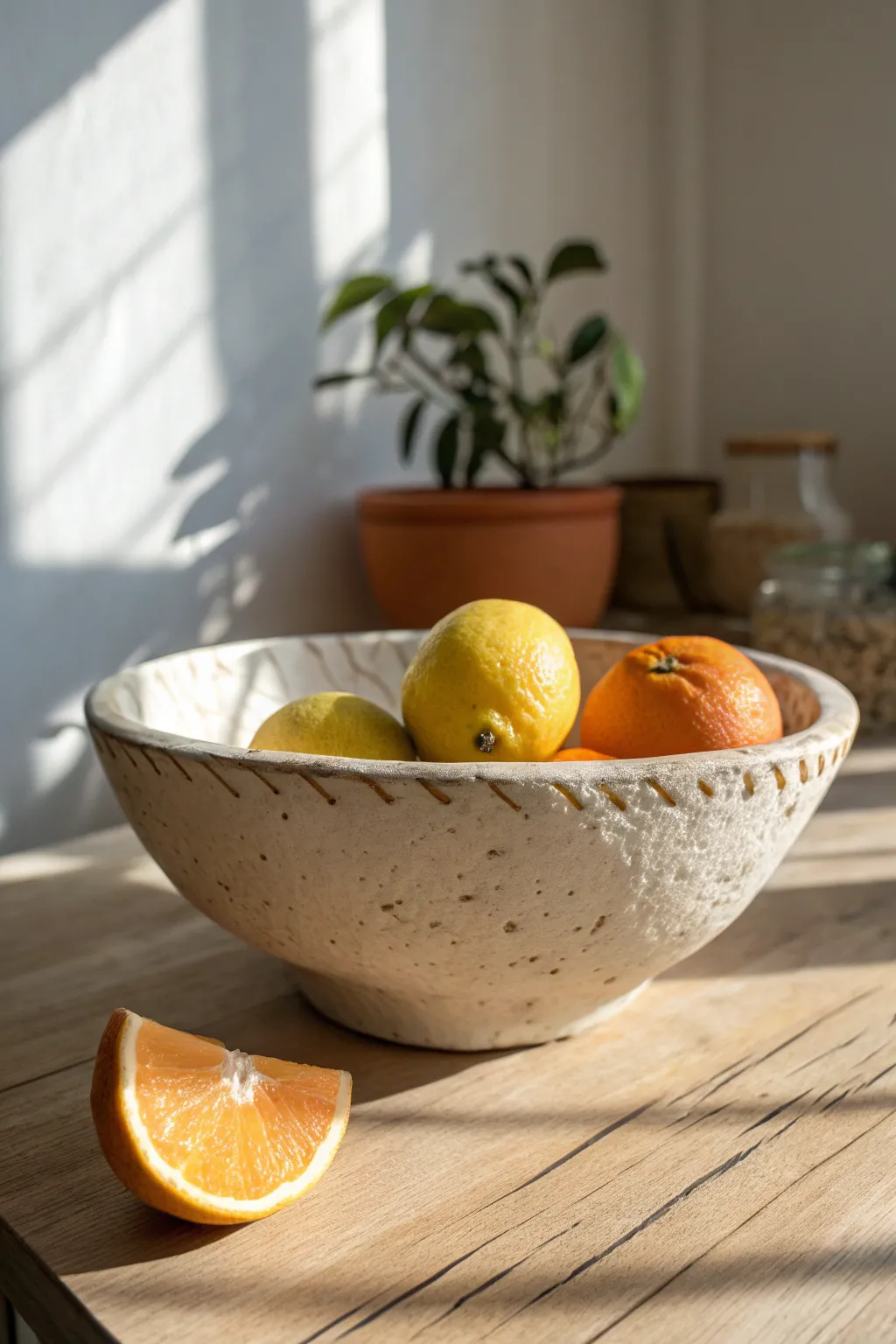 Sunny air dry clay fruit bowl with citrus-wave rim, a simple kitchen centerpiece in minutes