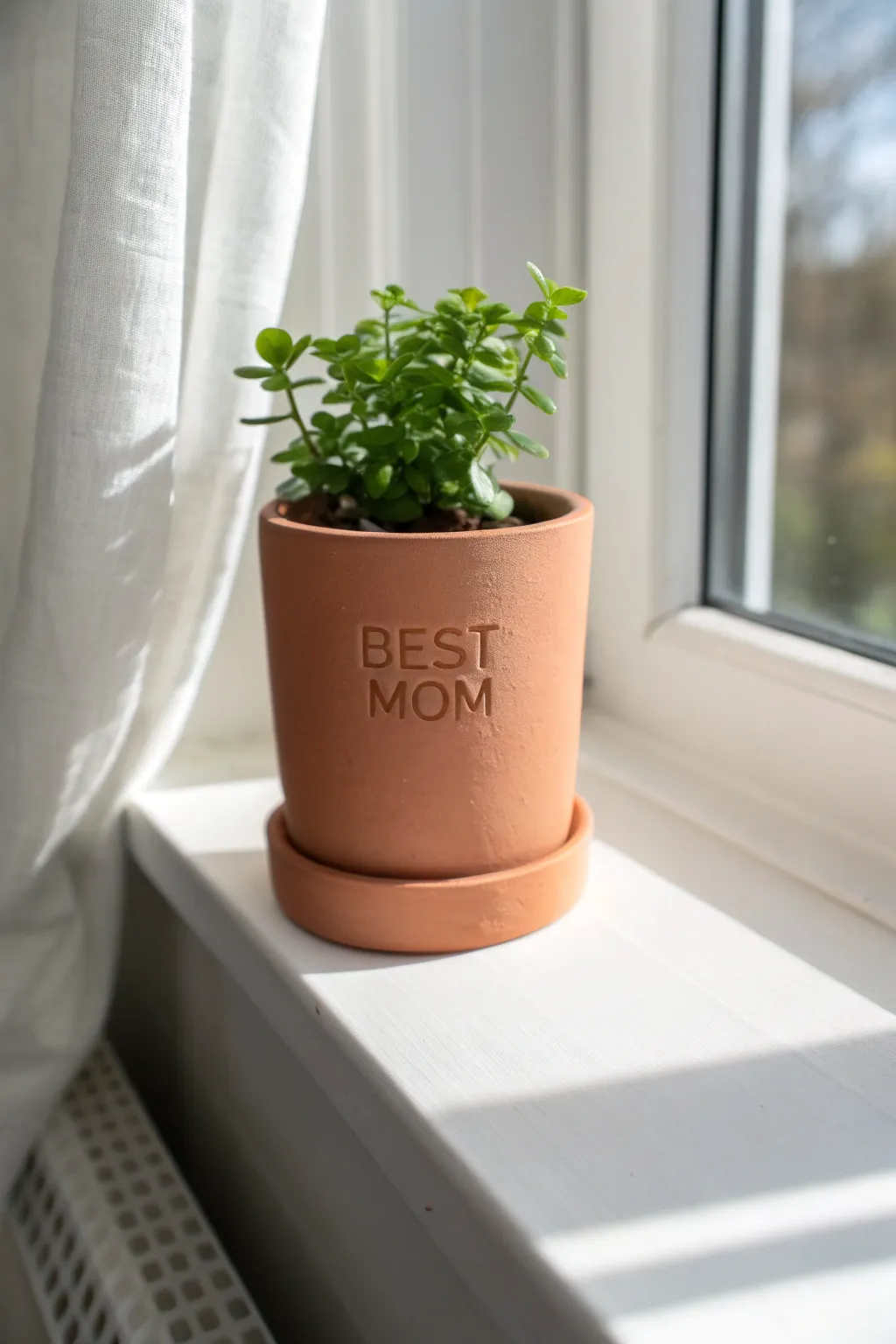Minimal air dry clay planter cover with Best Mom embossing, a sweet Mothers Day gift idea