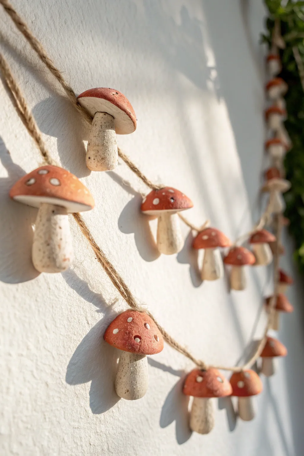 Minimal boho mushroom garland in air dry clay, sweet handmade charm for cozy walls.
