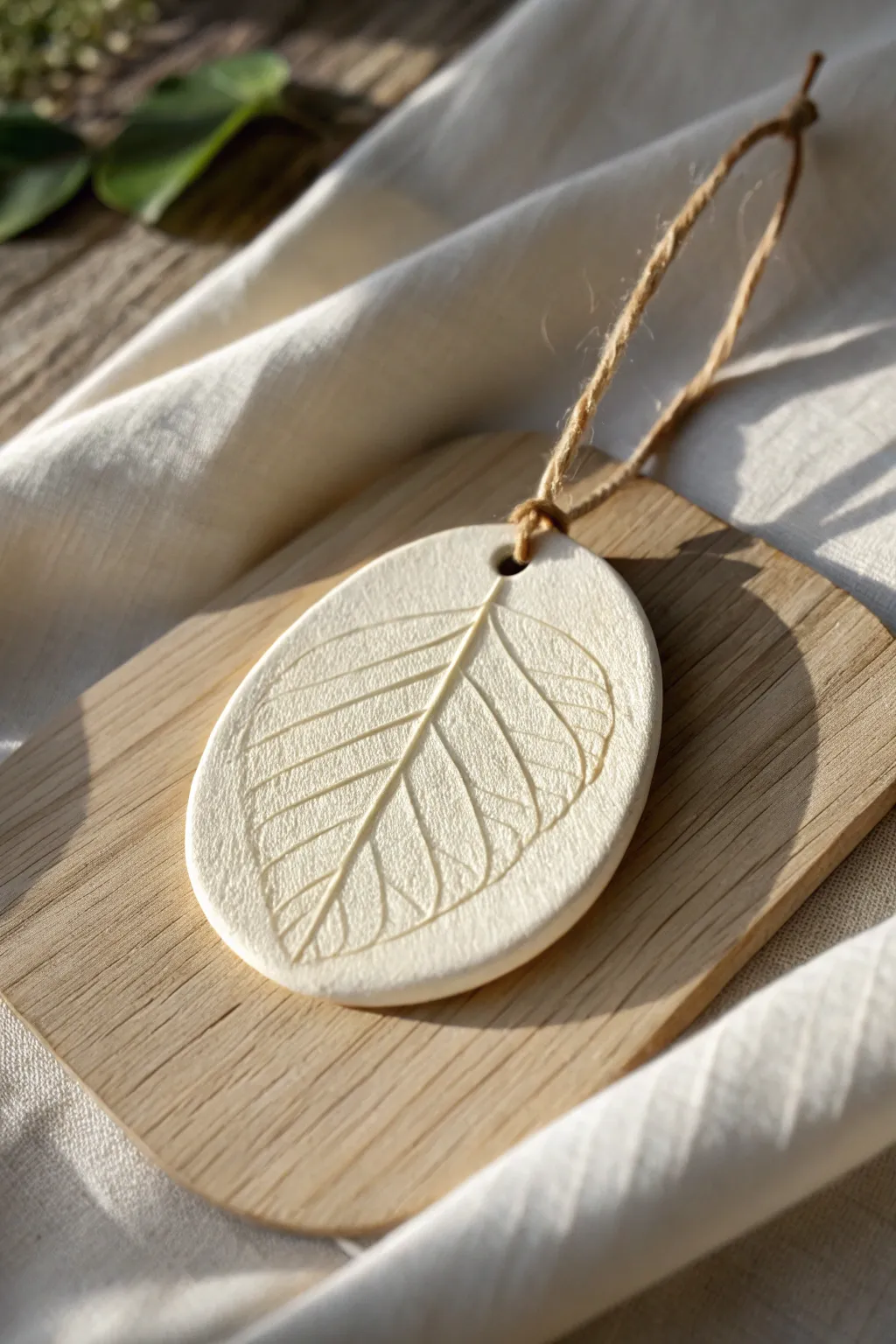 Dark wash highlights delicate leaf veins on an air-dry clay tag for a cozy minimalist look