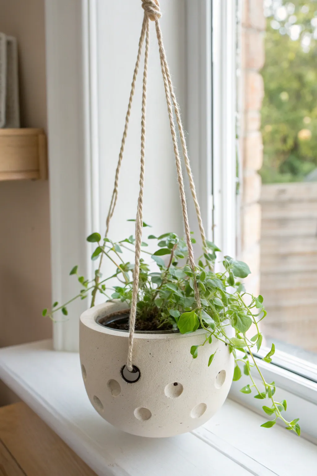 Minimal air dry clay hanging planter with three cord holes, softly lit by a bright window.