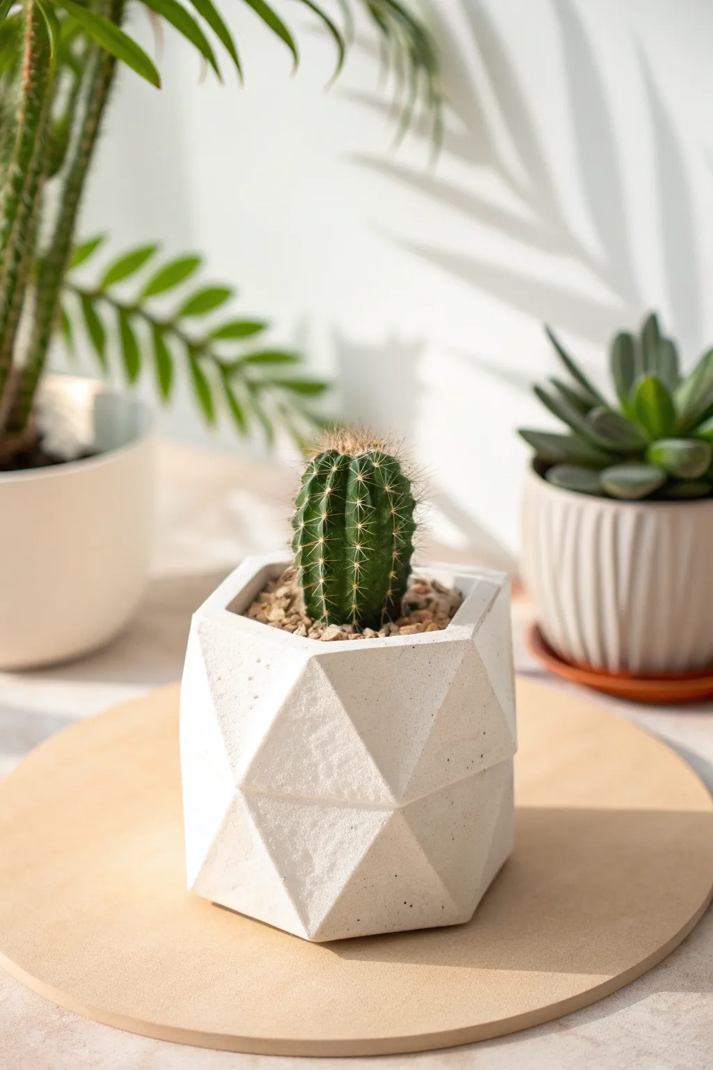 Modern faceted air dry clay planter with a tiny cactus, Scandinavian minimal style with boho warmth