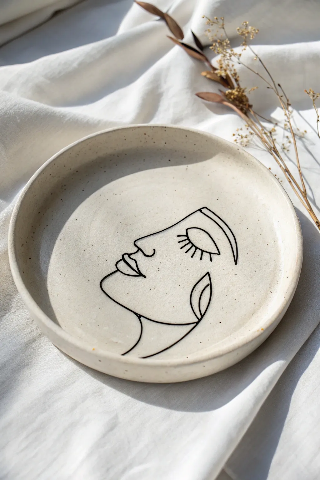 Minimal line-art air dry clay plate idea with a calm Scandinavian feel and handmade charm