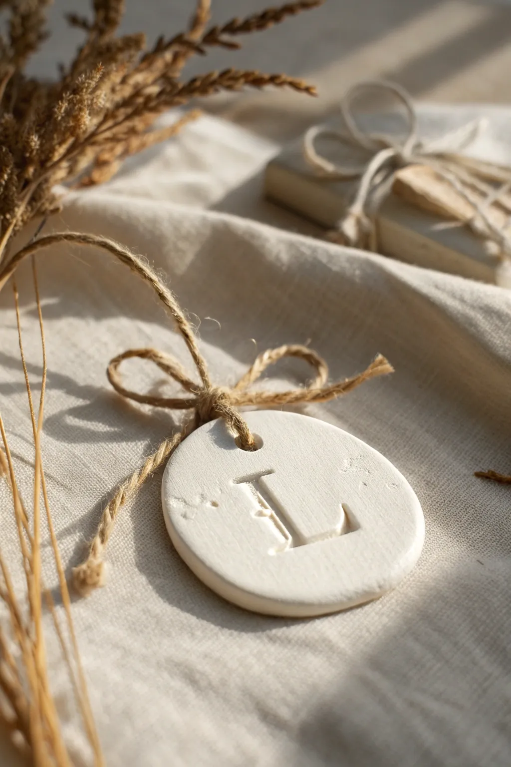 Soft minimalist air dry clay initial ornament with twine, perfect for gifts and seasonal decor.