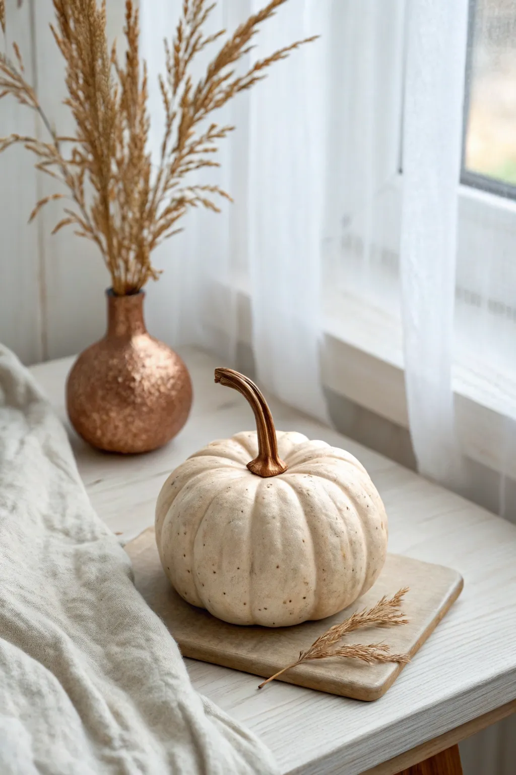 Matte air-dry clay pumpkin with a soft copper stem, Scandinavian minimal boho charm for fall.